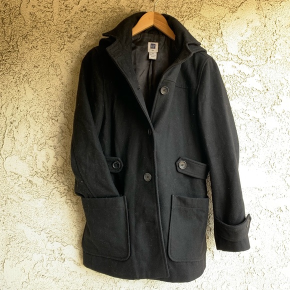 GAP Wool Button Up Pea Coat with Removable Hood - Picture 2 of 5